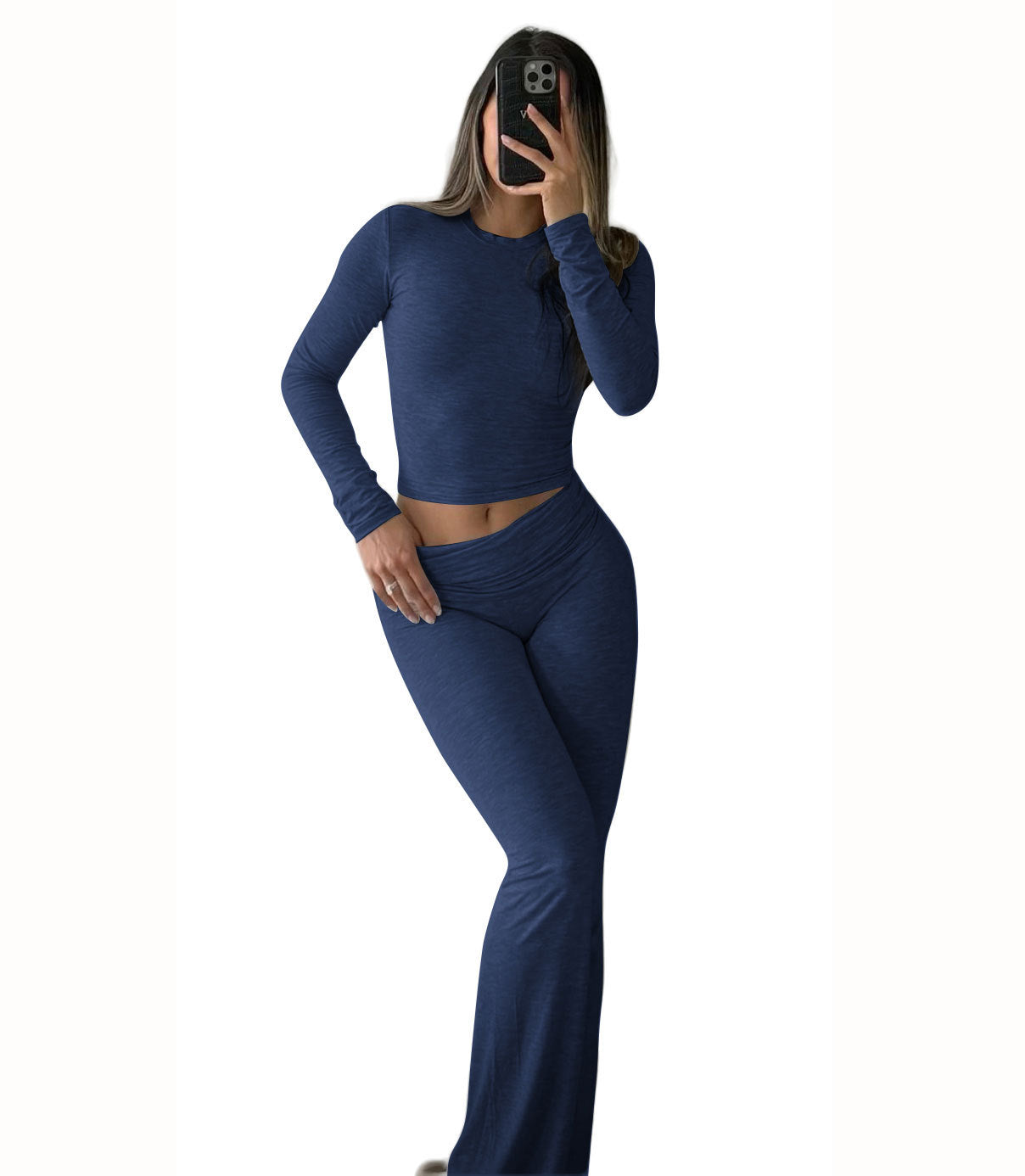 Leisure Sports Two-piece Set, Long Sleeved High Waisted Foldable Flared Pants, Sports Suit, Streetwear