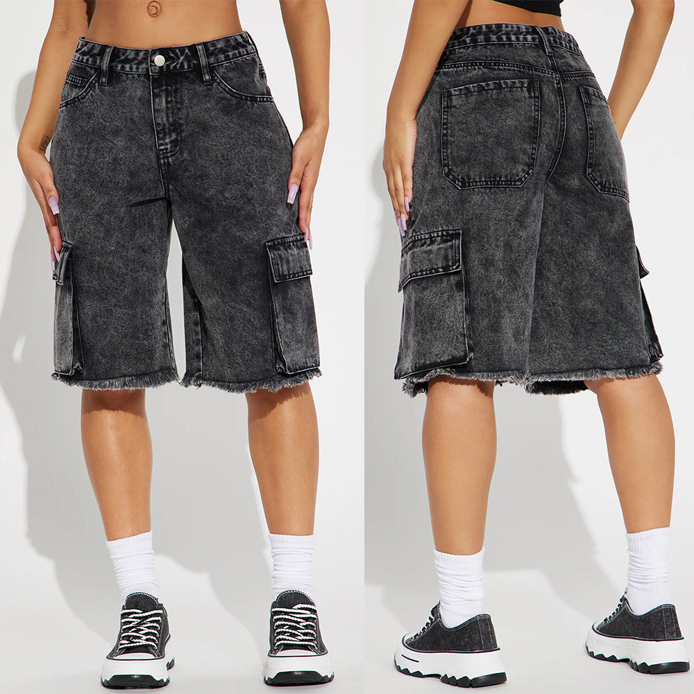 Street Washed Denim Straight Jorts mit ausgefranstem Saum für Damen