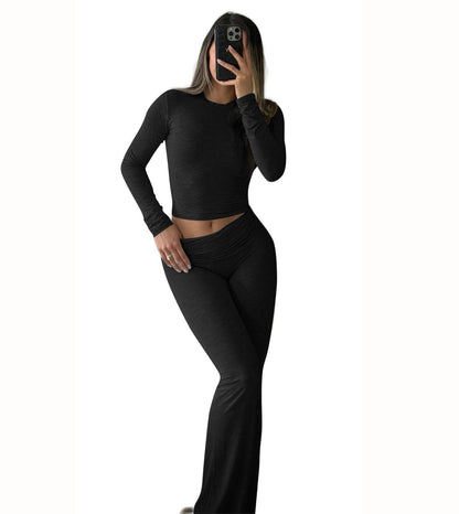 Leisure Sports Two-piece Set, Long Sleeved High Waisted Foldable Flared Pants, Sports Suit, Streetwear