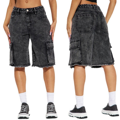 Street Washed Denim Straight Jorts mit ausgefranstem Saum für Damen