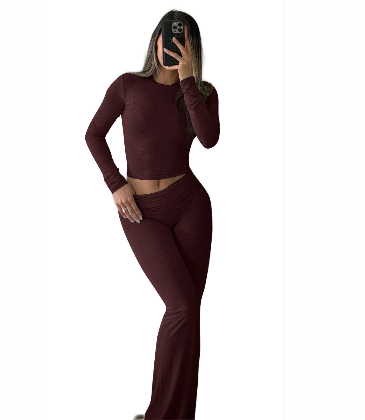 Leisure Sports Two-piece Set, Long Sleeved High Waisted Foldable Flared Pants, Sports Suit, Streetwear