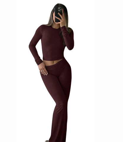 Leisure Sports Two-piece Set, Long Sleeved High Waisted Foldable Flared Pants, Sports Suit, Streetwear