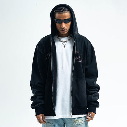 Washed Printed Hoodie Spray Paint Fleece-lined Double Zipper Coat