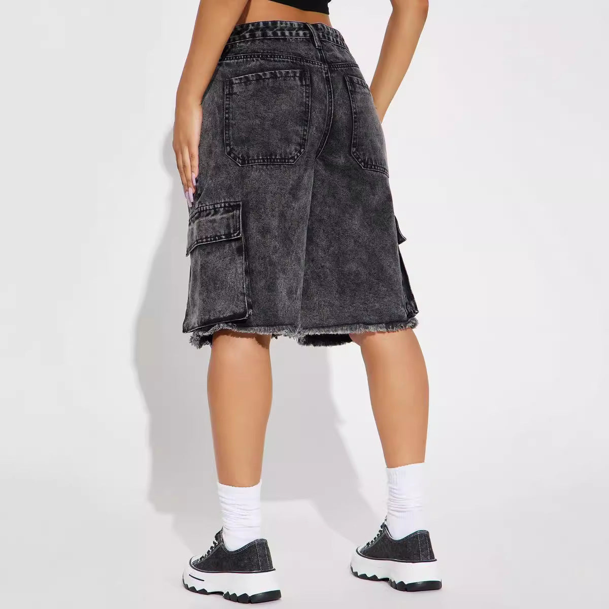 Street Washed Denim Straight Jorts mit ausgefranstem Saum für Damen