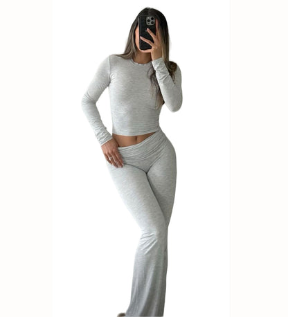 Leisure Sports Two-piece Set, Long Sleeved High Waisted Foldable Flared Pants, Sports Suit, Streetwear