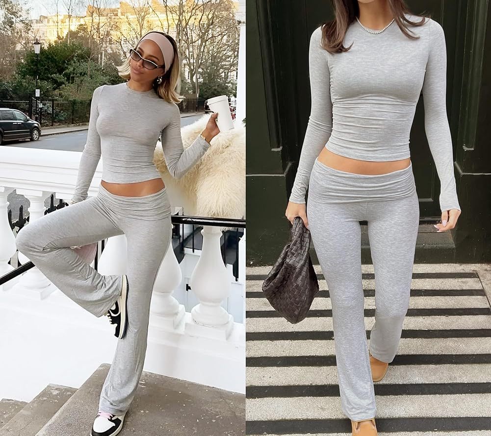 Leisure Sports Two-piece Set, Long Sleeved High Waisted Foldable Flared Pants, Sports Suit, Streetwear