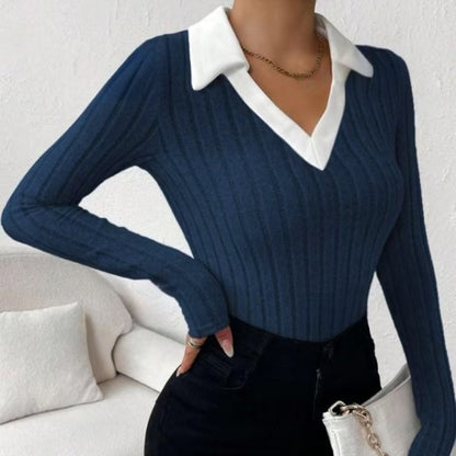 Ladies' Fashion Elegant Solid Color Long Sleeve Autumn Winter POLO Collar Fake Two Piece T-shirt Top Elegant Customization