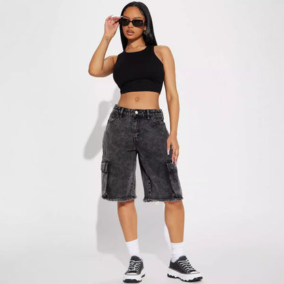 Street Washed Denim Straight Jorts mit ausgefranstem Saum für Damen