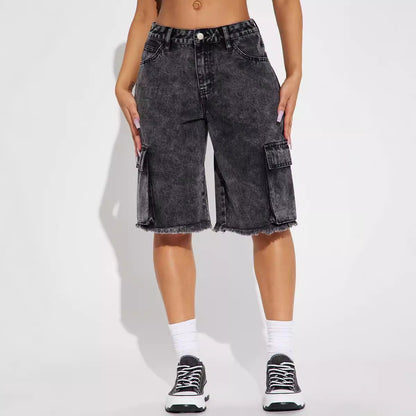 Street Washed Denim Straight Jorts mit ausgefranstem Saum für Damen