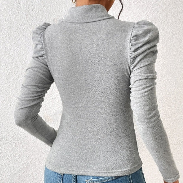 Neck Bubble Sleeve Slim Fit Sweater