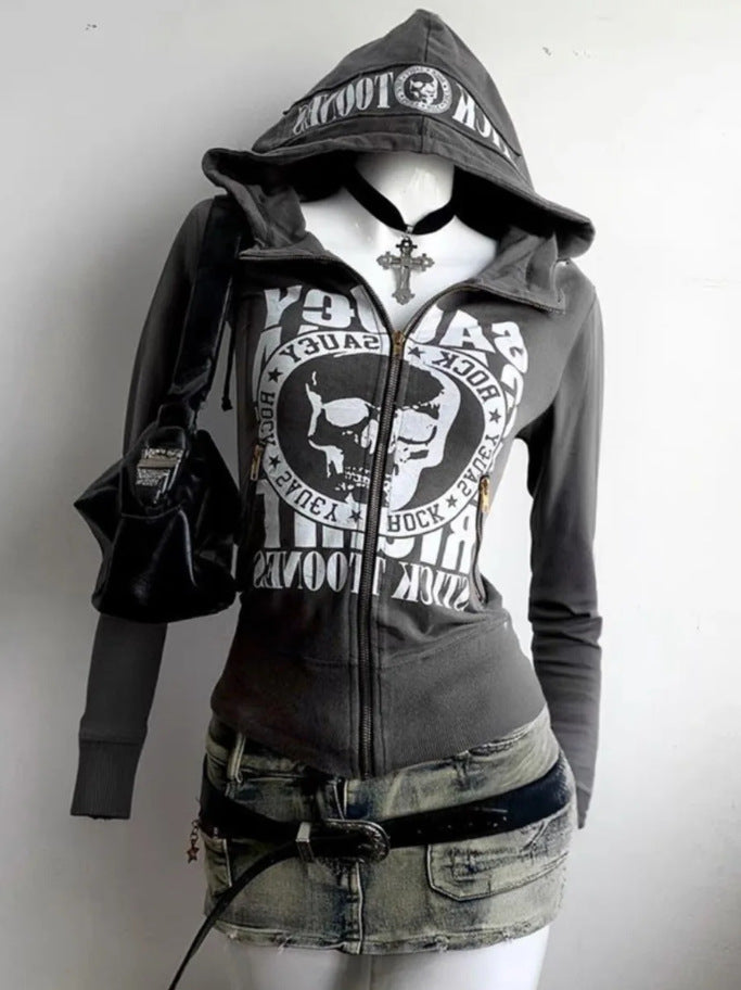 Hooded Long-sleeve Zipper Skull Letter Print Sweatshirt