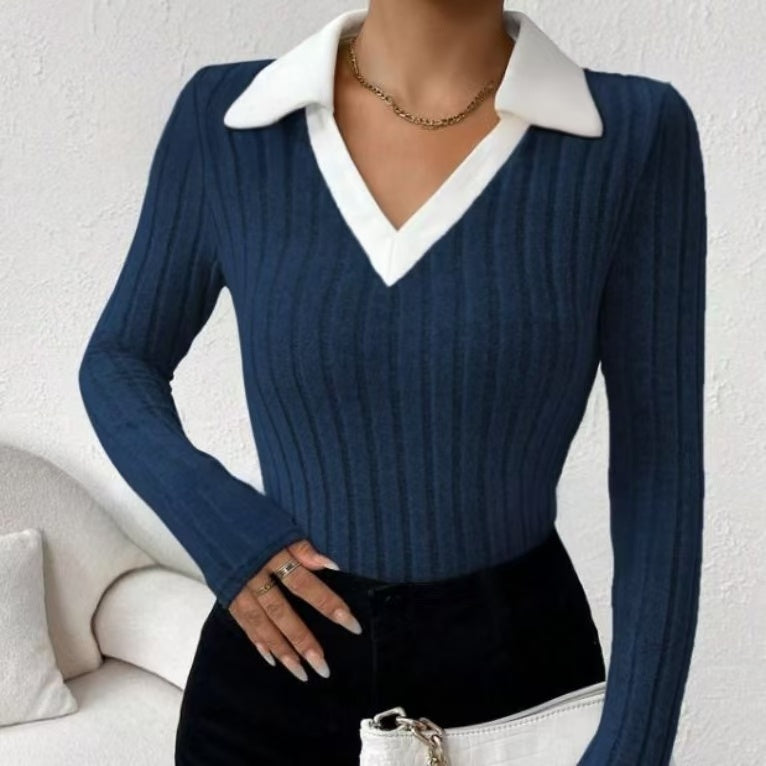 Ladies' Fashion Elegant Solid Color Long Sleeve Autumn Winter POLO Collar Fake Two Piece T-shirt Top Elegant Customization