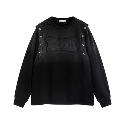 High Street Washed Distressed Affixed Cloth Embroidered Round Neck Sweater