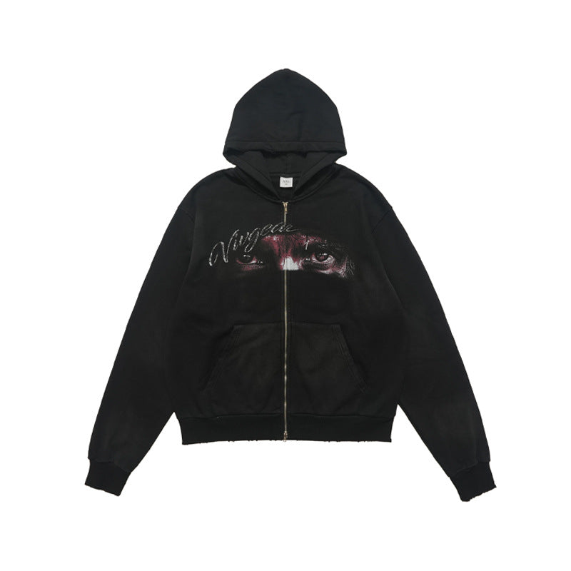 Washed Printed Hoodie Spray Paint Fleece-lined Double Zipper Coat