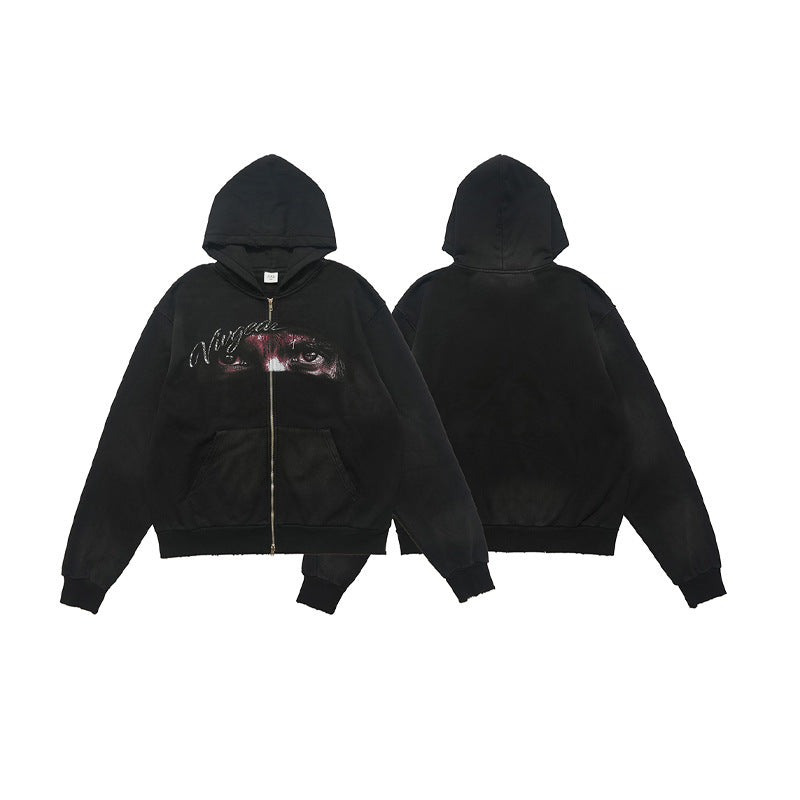 Washed Printed Hoodie Spray Paint Fleece-lined Double Zipper Coat