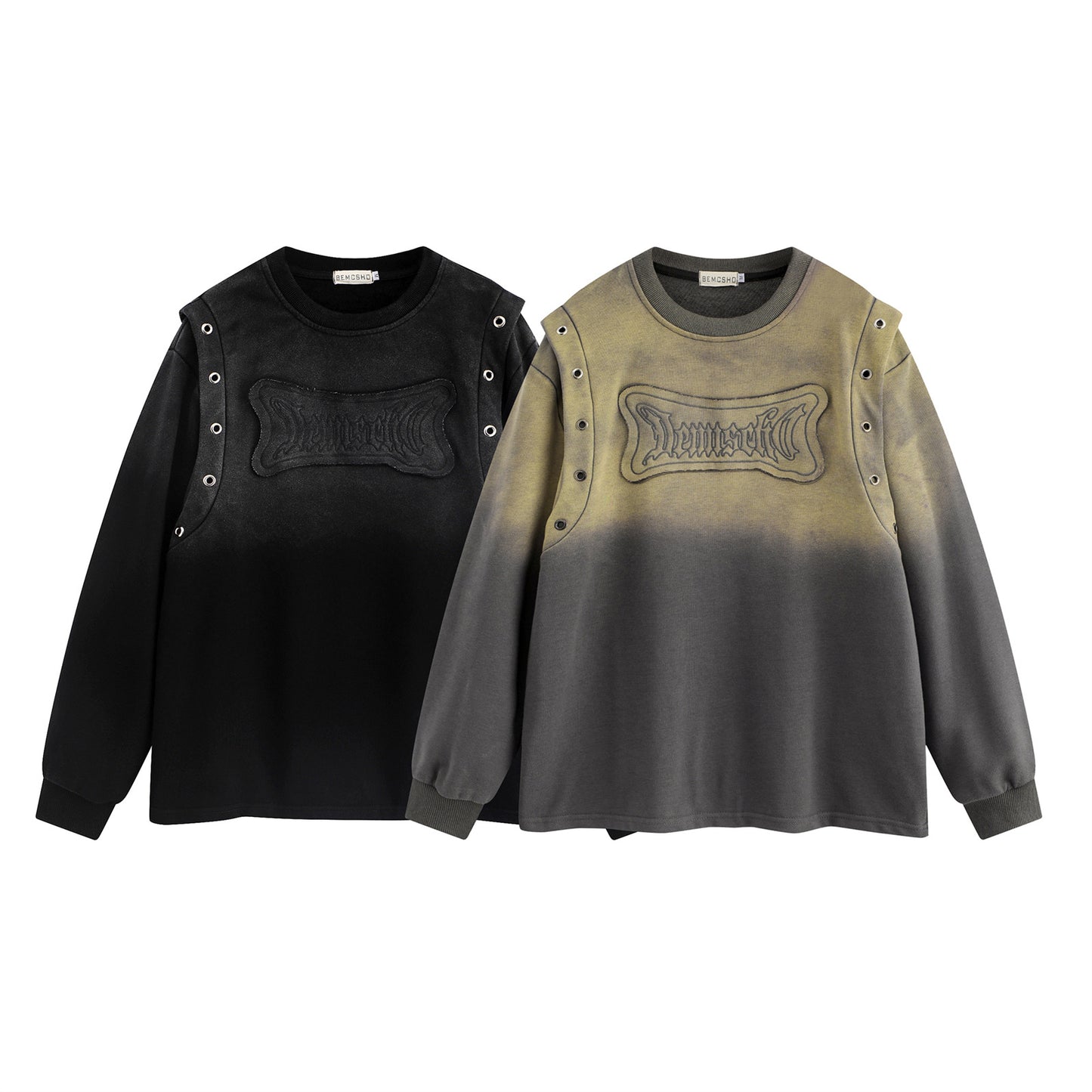 High Street Washed Distressed Affixed Cloth Embroidered Round Neck Sweater