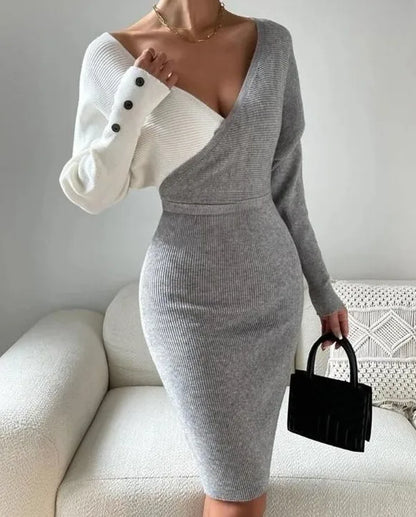 Contrast Color V Neck Slim Dress