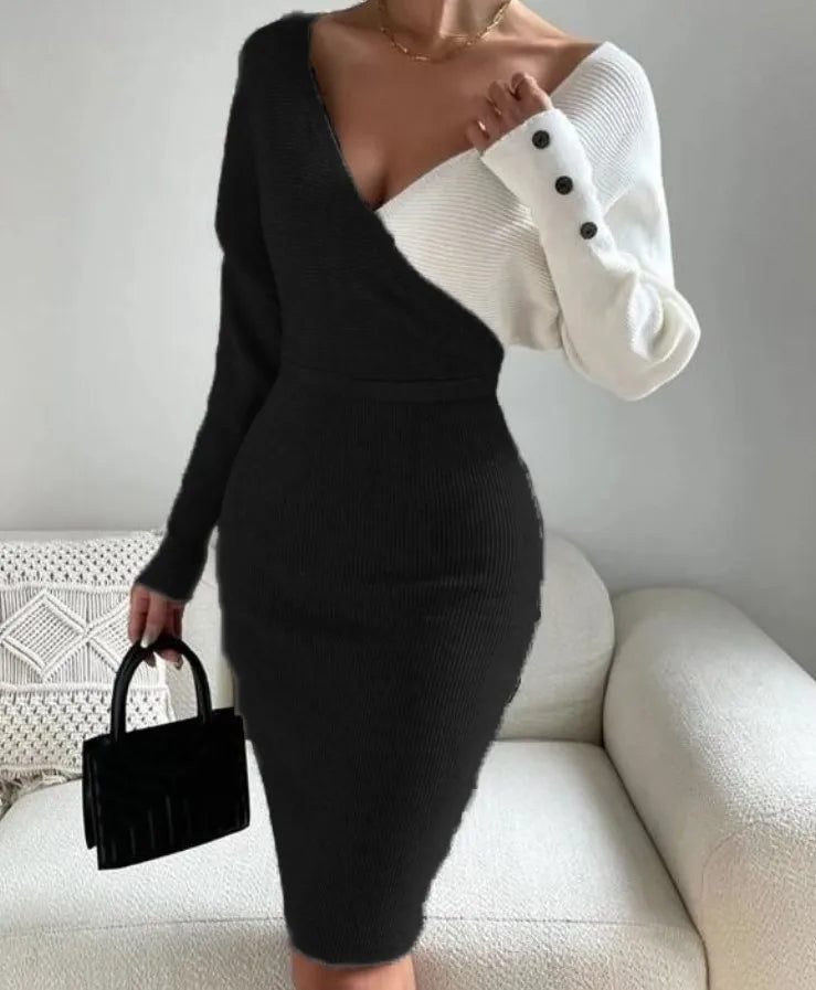 Contrast Color V Neck Slim Dress