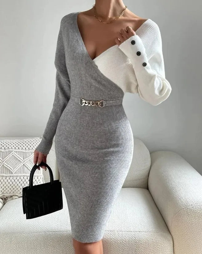 Contrast Color V Neck Slim Dress