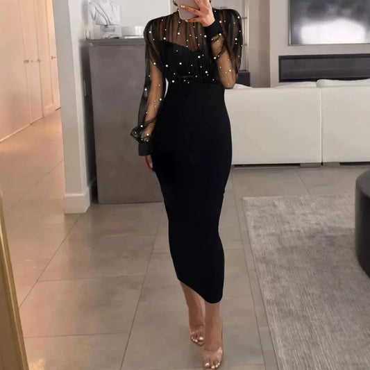 Women Mesh Pearl Splice Long Dress Full Sleeve Slim Fit