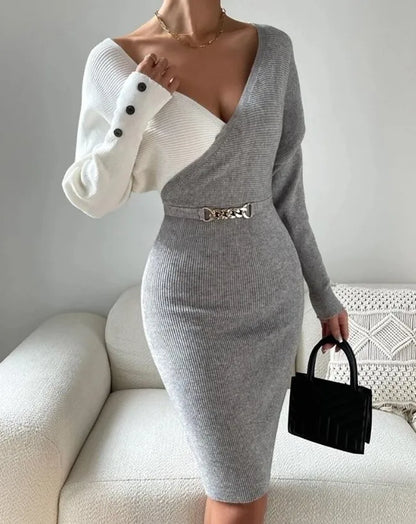 Contrast Color V Neck Slim Dress