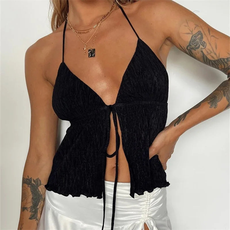 Y2K Front-Tie Halter Crop Top