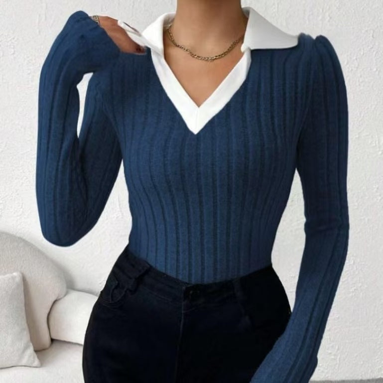 Ladies' Fashion Elegant Solid Color Long Sleeve Autumn Winter POLO Collar Fake Two Piece T-shirt Top Elegant Customization