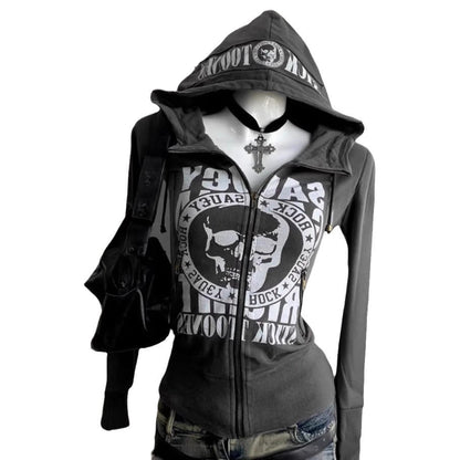 Hooded Long-sleeve Zipper Skull Letter Print Sweatshirt