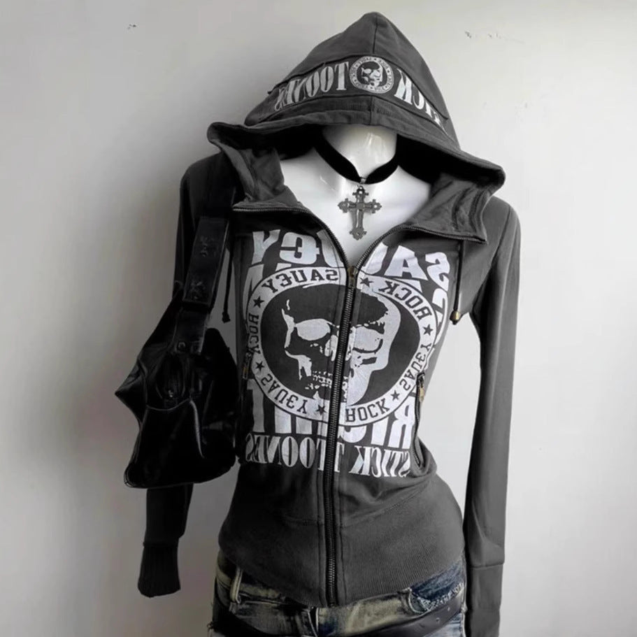 Hooded Long-sleeve Zipper Skull Letter Print Sweatshirt