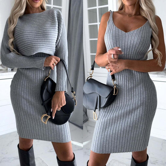 2pcs Suit Women's Solid Stripe Long-sleeved Top And Slim Suspender Skirt